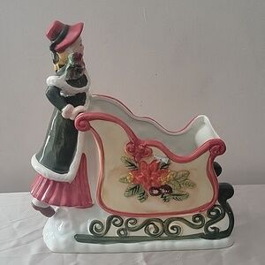 Vintage WCL Christmas Lady on Sleigh Sled Winter Holly Ceramic Planter